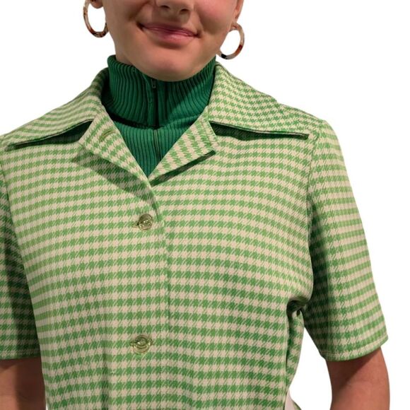 Women's 70s Vintage 3 Piece Polyester Green & White Checkered Leisure Suit Set - Picture 2 of 13